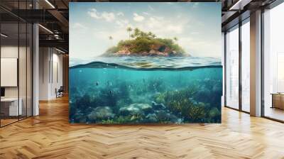 Tropical Island And Coral Reef - Split View With Waterline. Beautiful underwater view of lone small island above and below the water surface in turquoise waters of tropical ocean. Generative Ai. Wall mural