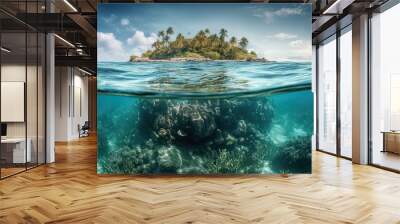 Tropical Island And Coral Reef - Split View With Waterline. Beautiful underwater view of lone small island above and below the water surface in turquoise waters of tropical ocean. Generative Ai. Wall mural