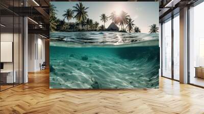 Tropical Island And Coral Reef - Split View With Waterline. Beautiful underwater view of lone small island above and below the water surface in turquoise waters of tropical ocean. Generative Ai. Wall mural