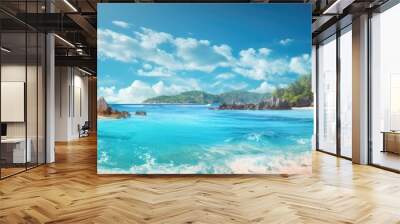 tropical paradise beach with white sand and coco palms travel tourism wide panorama background concept. Generative Ai. Wall mural