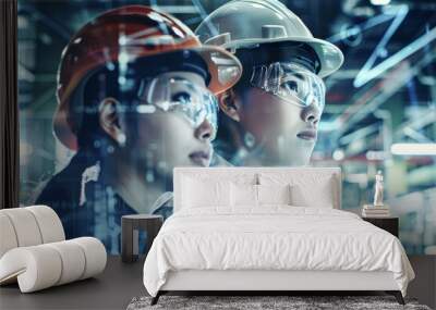 Two Asian professionals, a male and a female, in safety gear discuss logistics in front of a large digital display at a modern factory Wall mural