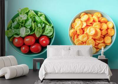 Two bowls of food, one with vegetables and the other with chips Wall mural