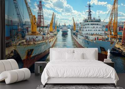 Two large ships are docked in a harbor Wall mural