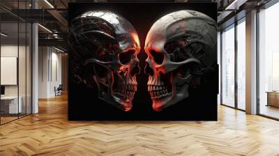 Two skulls terminator look at each other black background. Generative Ai. Wall mural