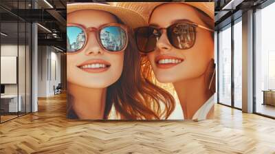 Two women wearing sunglasses and hats are smiling for the camera Wall mural