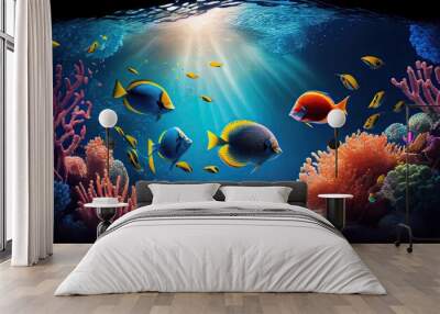 Underwater scene. Coral reef, colorful fish groups and sunny sky shining through clean ocean water. Space underwater for you to fill or just use standalone. High res. Generative Ai Wall mural