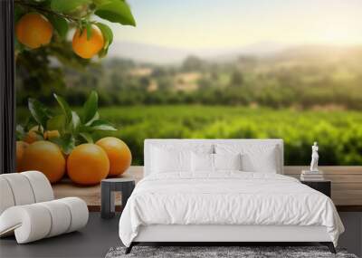 Wooden table top ander orange trees covered with orange fruits. Blurred sunny orchard garden at the background.	 Wall mural