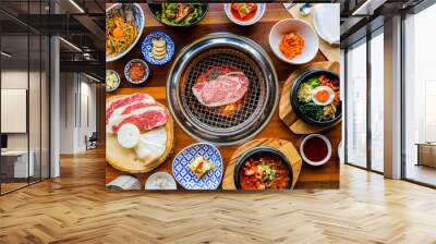 Full set of beef and pork ready for grill on stove serve with vegetable,soup and rice and side dish, Korean style barbecue Wall mural