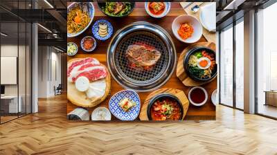 Full set of beef and pork ready for grill on stove serve with vegetable,soup and rice and side dish, Korean style barbecue Wall mural