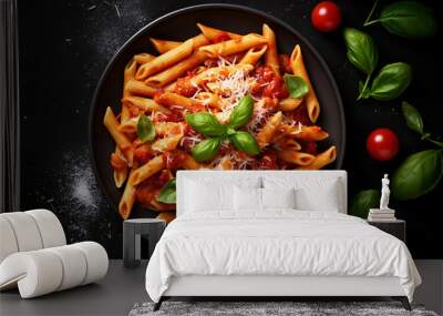 Classic italian pasta penne alla arrabiata with basil and freshly parmesan cheese on dark table. Penne pasta with sauce. Top view Wall mural