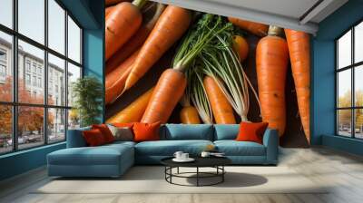 Closeup, carrot and food for health and cooking, wellness and nutrition with vegan or vegetarian meal prep. Orange vegetables, organic produce and cuisine with dinner or lunch ingredients for diet Wall mural