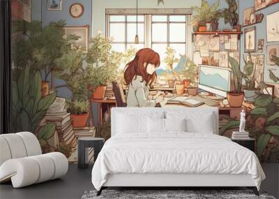 cute lofi girl workstation wallpaper background female anime manga cute cozy Wall mural