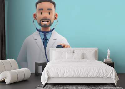 Cartoon doctor character doing check up. Male medic specialist with stethoscope in doctor uniform. Medical concept. 3d rendering Wall mural