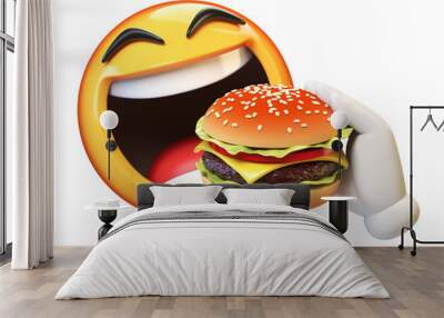 Emoji eating burger isolated on white background, hungry emoticon 3d rendering Wall mural