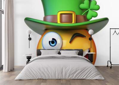 Emoji with green St. Patrick's Day hat with four-leaf clover, Irish emoticon isolated on white background 3d rendering Wall mural