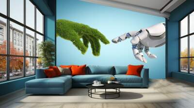 Nature and technology abstract concept, robot hand and natural hand covered with grass reaching to each other, tech and nature union, cooperation, 3d rendering Wall mural