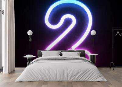 Neon 3d font, blue and pink neon light 3d rendering, number 2 Wall mural