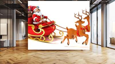 santa claus with sledge, deers and christmas presents Wall mural