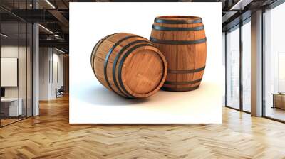 two wine barrels isolated on the white background Wall mural