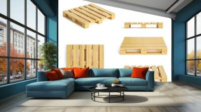 Wooden pallet various views isolated on white background 3d rendering Wall mural