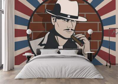 1920s Mafia Man, Gentleman with Hat and Cigar  Wall mural