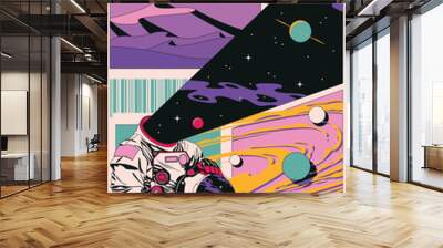 Abstract Cosmic Poster. Astronaut with Helmet, Planet over Sands, Space Illustration  Wall mural