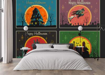 Happy Halloween Cards, Illustrations, Posters, Vintage Greeting Cards Stylization, Haunted Mansions, Flying Witch, Zombie's Hand, Cemetery Backgrounds Wall mural