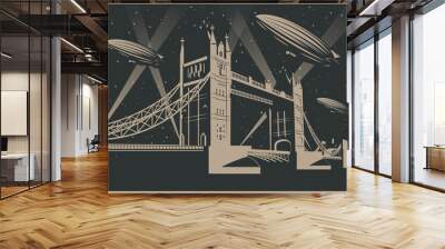 London Poster Retro Style, Tower Bridge, Dirigibles, Night, Stars and Rays of Light Wall mural