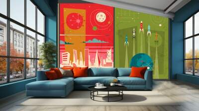 Mid Century Modern Abstraction Space Posters Set. 1950s-1960s Vintage Colors Retro Futurism Space Flight Illustrations Wall mural