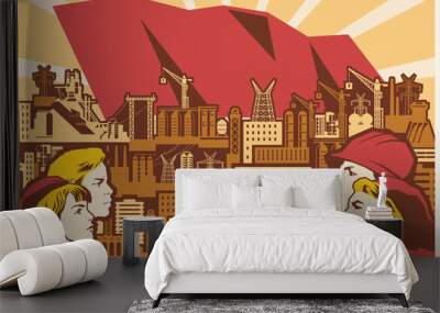 Old Soviet Industrial and Building Propaganda Posters Style Illustration, Urban Background, Builders  Wall mural