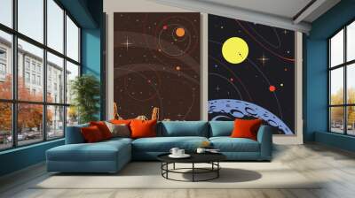 Old Space Illustrations Style, Alien Planets, Stars and Satellites Wall mural