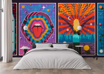 Psychedelic Style Abstract Arts. Retro Colors Abstraction Illustrations Set Wall mural