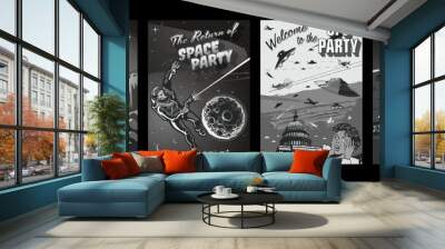 Retro Fantastic Horror Movie Posters Style Illustrations, Black and White Colors, Space Rockets, UFO, Astronauts, Extraterrestrial Monsters. Space Style Party, Event Invitations Template Set  Wall mural