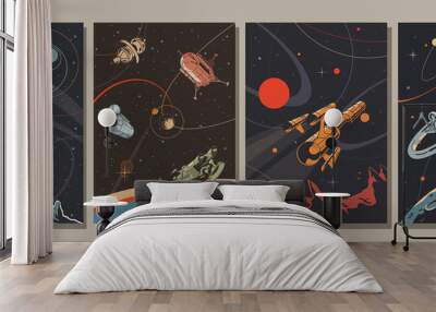 Retro Future Style Space Illustration Set, Spacecraft, Rockets, Orbital Station, Planets Wall mural