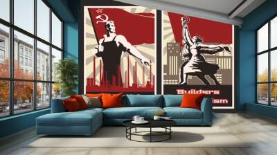 Retro Soviet Propaganda Poster Set, Indusrial Backgrounds, Workers and Factory Wall mural