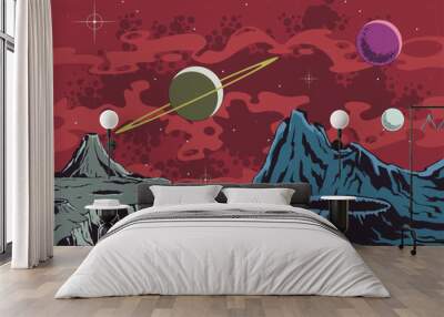 Retro Style Fantastic Space Landscape Poster. Astonishing Comic Book Universe Illustration Wall mural