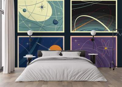 Space Posters Vector Template. Mid Century Modern Space Age Posters Style Background, 1950s - 1960s Colors and Shapes  Wall mural