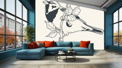 Sparrow and Leaves, Little Birdie on a branch, Line art Drawing, Tattoo Design Style  Wall mural