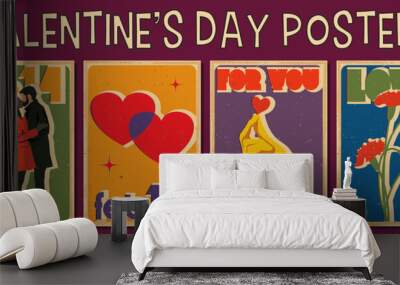 Valentine's Day Posters, February 14 Love Day Postcards, Retro Style Illustrations, Lovers, Hearts, Flowers  Wall mural