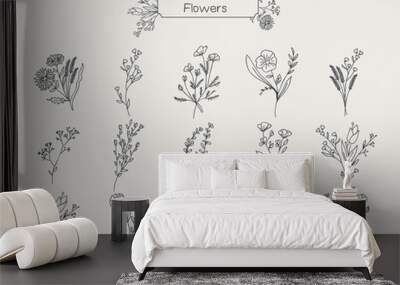 Wildflowers Floral Set Hand drawn Sketches  Wall mural