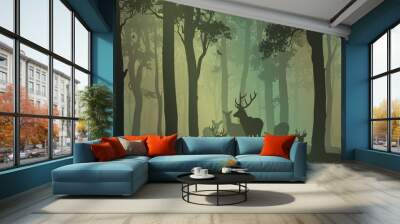 natural background with forest silhouette with herd of deer Wall mural