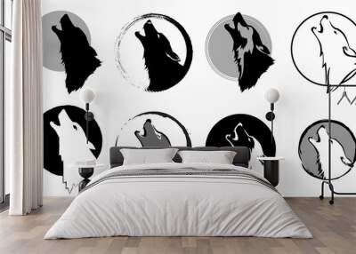 set of stylized images of a wolf glory wailing at the moon, black and white variants, vector illustration, isolated objects Wall mural