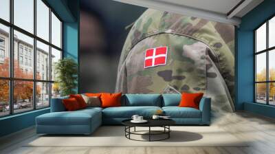 Danish army uniform with the Danish flag on the shoulder. Danish military, selective focus. Wall mural