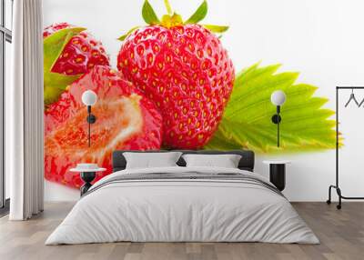 fresh cut strawberry with leaf macro isolated on white Wall mural