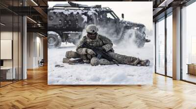 Group of infantry soldiers in uniforms walking over snow covered landscape, Military conflict or war concept Wall mural