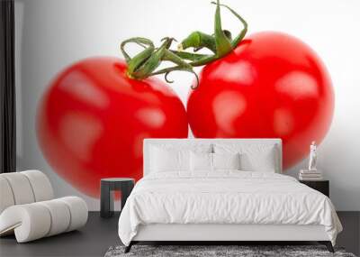 Juicy organic Cherry tomatoes with green leaf isolated over whit Wall mural