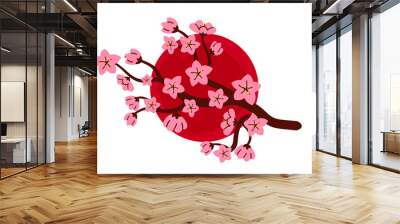 Japan flag, sakura branch. For banner template design, web flag background, celebration card, japanese wedding. Traditional Japanese asian symbol isolated, white background. National symbol in Japan Wall mural