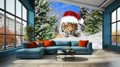 A tiger in a New Year's hat. Symbol of the year, holiday greeting Wall mural