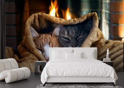 Cats under a blanket by the fireplace Wall mural