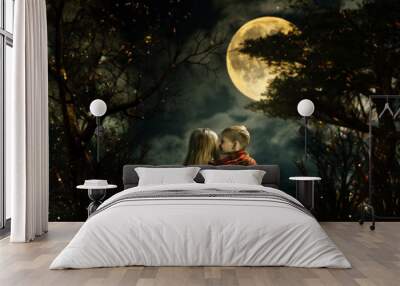 children whispering in the fairy magic forest. big moon, night, little boy and girl. picture - a fai Wall mural